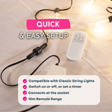 A string light remote control and power adapter shown on a light fabric background with glowing string lights nearby. Text overlays read 'QUICK & EASY SETUP' and list compatibility, switch/on/off/timer function, socket connection, and 10m remote range.