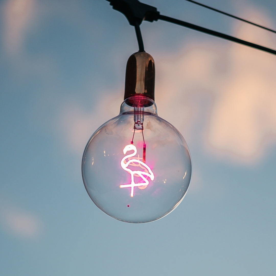G125 globe LED bulb with pink flamingo filament glowing softly in an interior pendant fitting