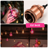 Collage of G125 Flamingo LED bulb shown in various interior and pendant light settings with pink glow