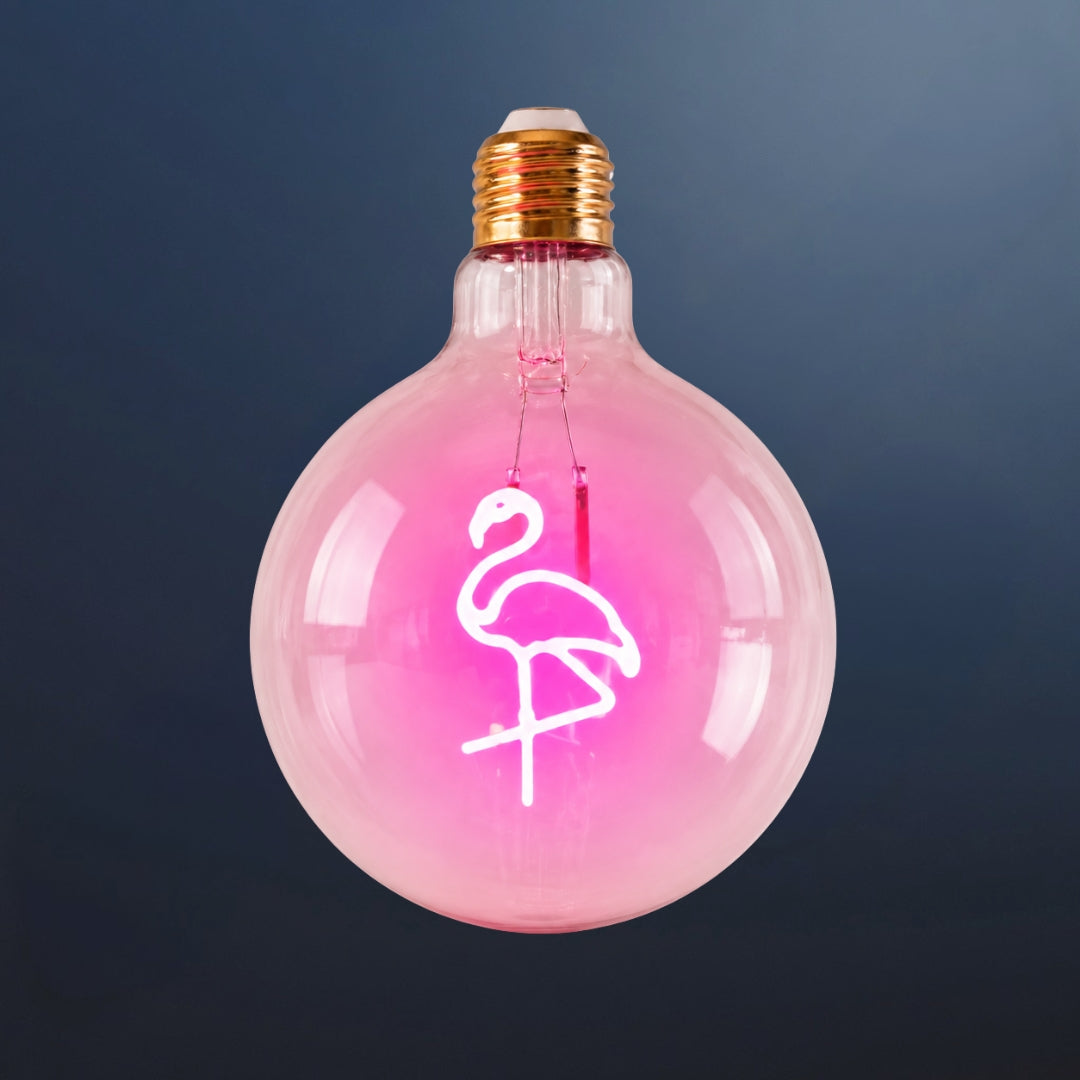 Single G125 globe LED bulb with pink flamingo filament detail and clear glass on a dark navy background