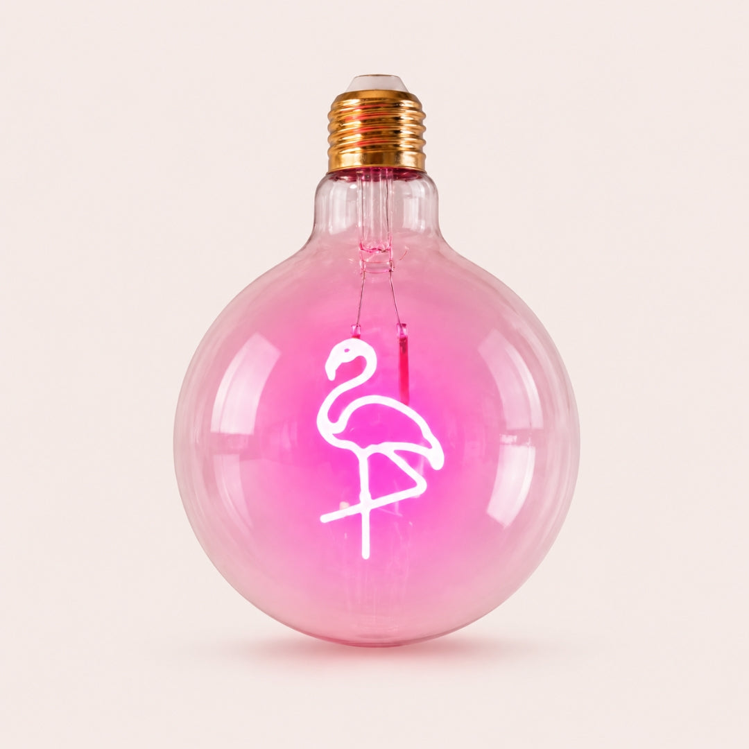 Single G125 globe LED bulb with pink flamingo filament detail and clear glass on a light background