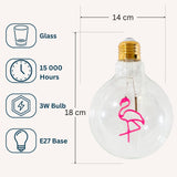 Spec graphic for G125 Flamingo LED bulb showing E27 base, lifespan, 3W wattage, and 125mm globe dimensions