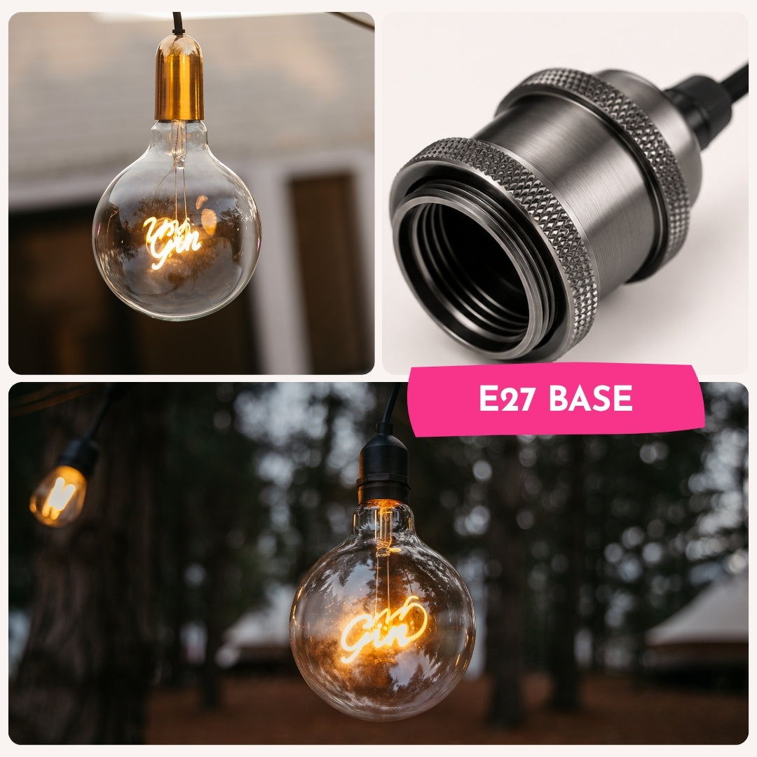 Collage of G125 GIN LED bulb shown in various interior and home bar pendant light settings with warm white GIN filament glowing