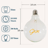 Spec graphic for G125 GIN LED bulb showing E27 base, lifespan, 3W wattage, and 125mm globe dimensions