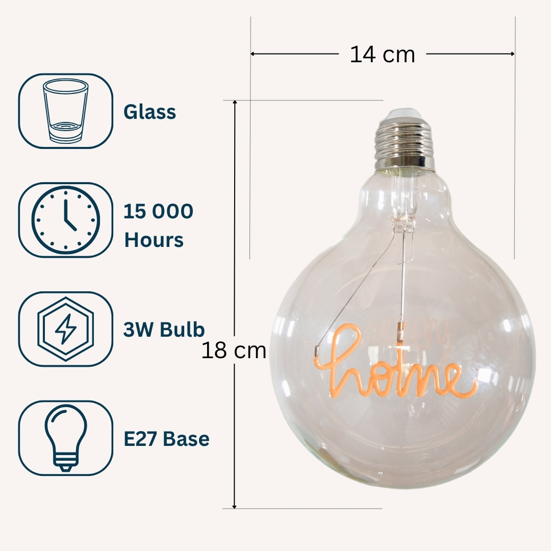 Spec graphic for G125 HOME LED bulb showing E27 base, lifespan, 3W wattage, and 125mm globe dimensions