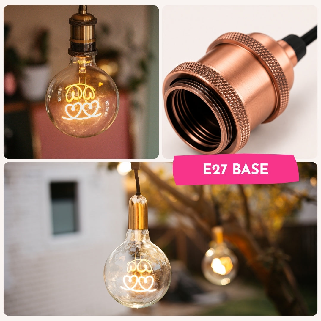 Collage of G125 Hearts LED bulb shown in various interior and pendant light settings with warm white hearts filament glowing
