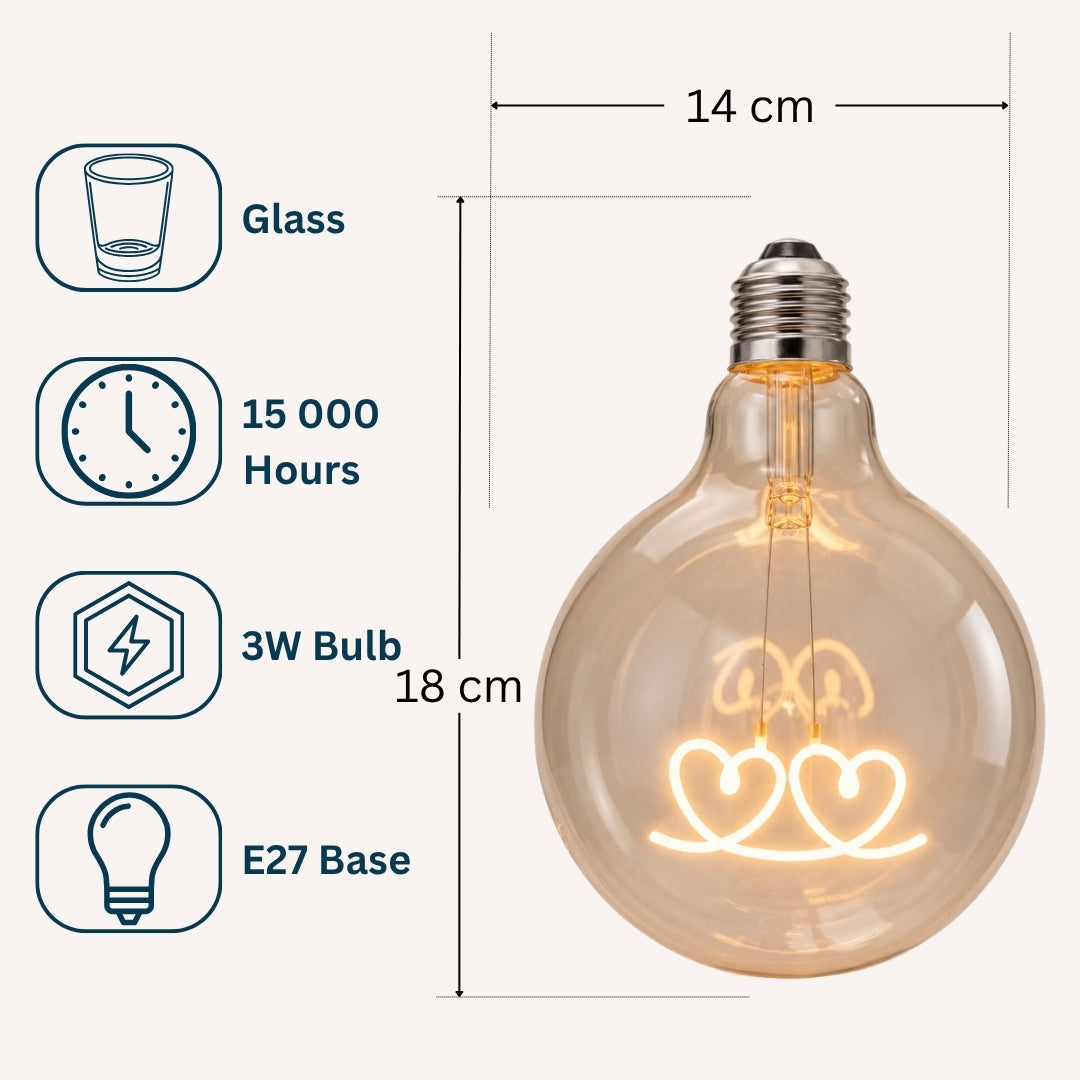 Spec graphic for G125 Hearts LED bulb showing E27 base, lifespan, 3W wattage, and 125mm globe dimensions