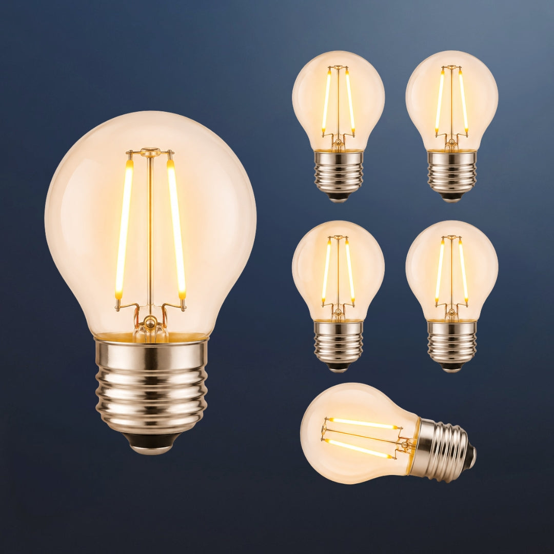 Six G45 globe LED replacement bulbs with E27 fitting and warm white filament glow on a dark navy background