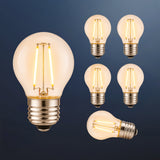 Six G45 globe LED replacement bulbs with E27 fitting and warm white filament glow on a dark navy background