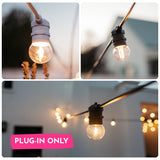 Collage of G45 globe LED replacement bulbs in outdoor festoon string light settings with plug-in only callout