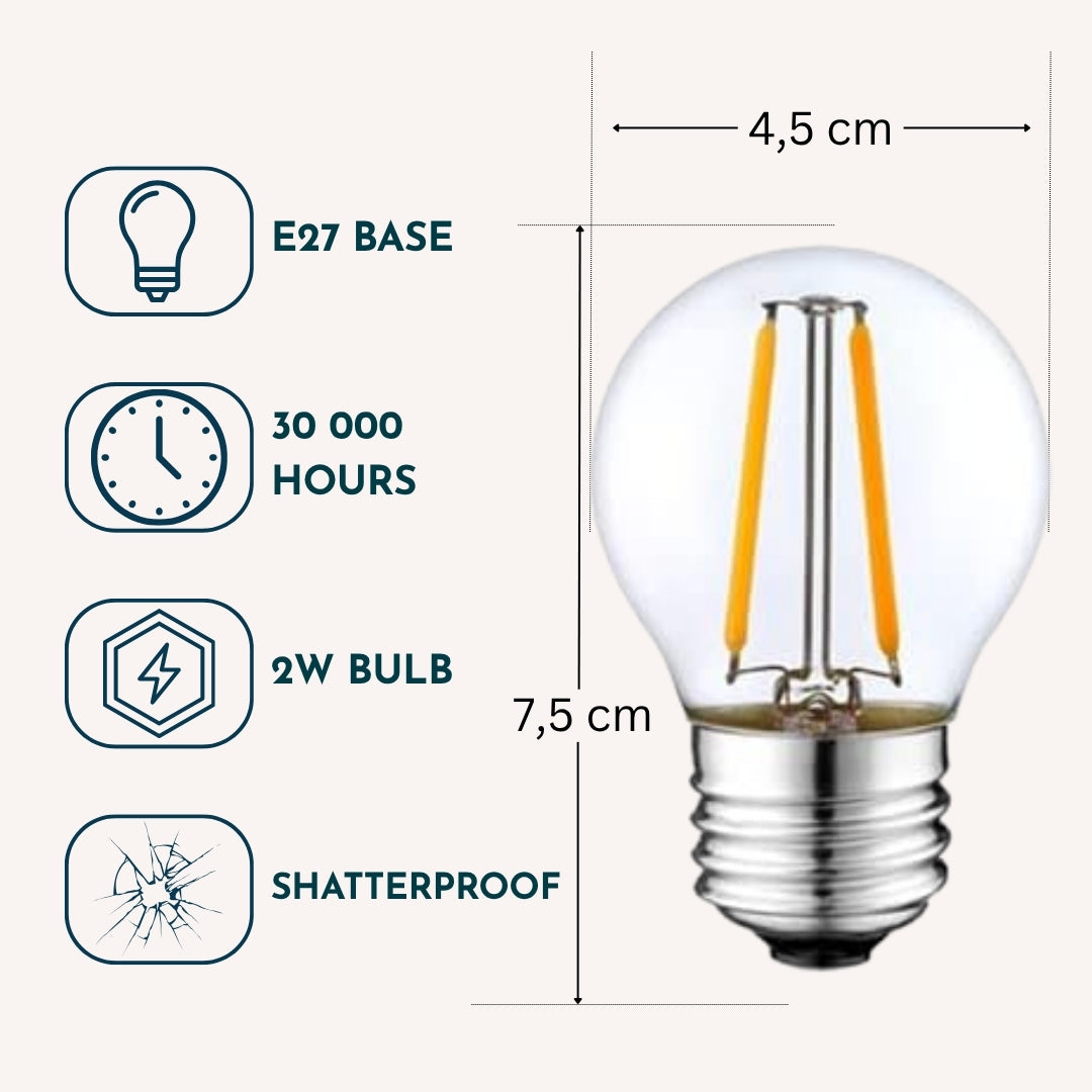 Spec graphic for G45 globe LED replacement bulb showing E27 base, 30000 hour lifespan, 2W wattage, shatterproof build, and bulb dimensions