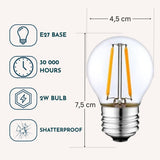 Spec graphic for G45 globe LED replacement bulb showing E27 base, 30000 hour lifespan, 2W wattage, shatterproof build, and bulb dimensions