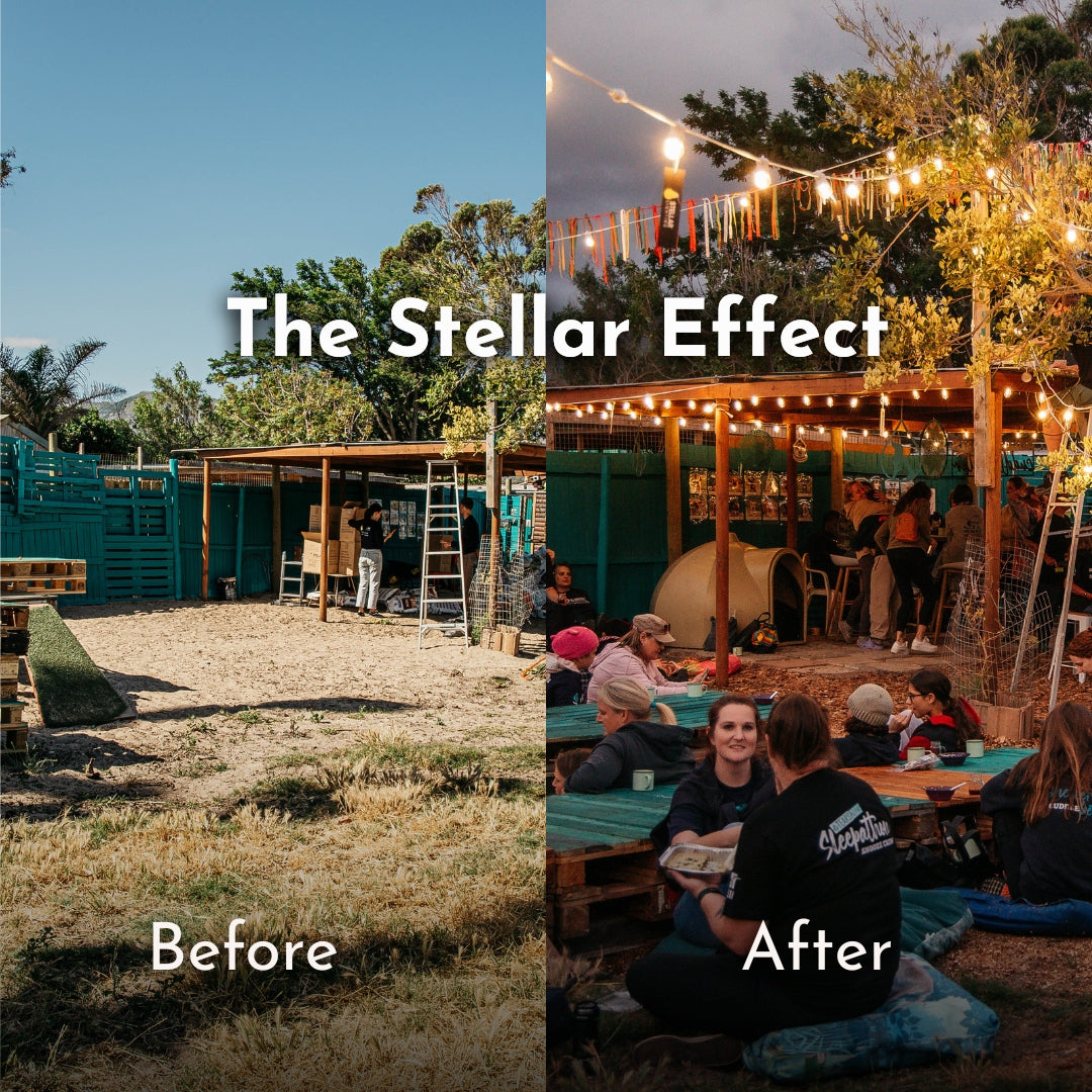 Split image showing the same South African outdoor space in daylight with white cable against light coloured walls and at dusk glowing with warm white G45 bulbs