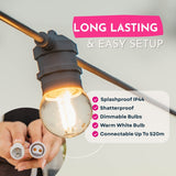 Feature graphic for Retro White Festoon String Lights listing IP44 splash resistant, warm white G45 bulbs, white cable, connectable up to 520m with key features callout