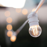 Close-up of warm white G45 retro globe bulb on heavy duty white festoon string lights cable against a soft outdoor background