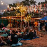 Retro White Festoon String Lights with warm white G45 globe bulbs strung across a South African outdoor space, Tears Sleepathon at dusk