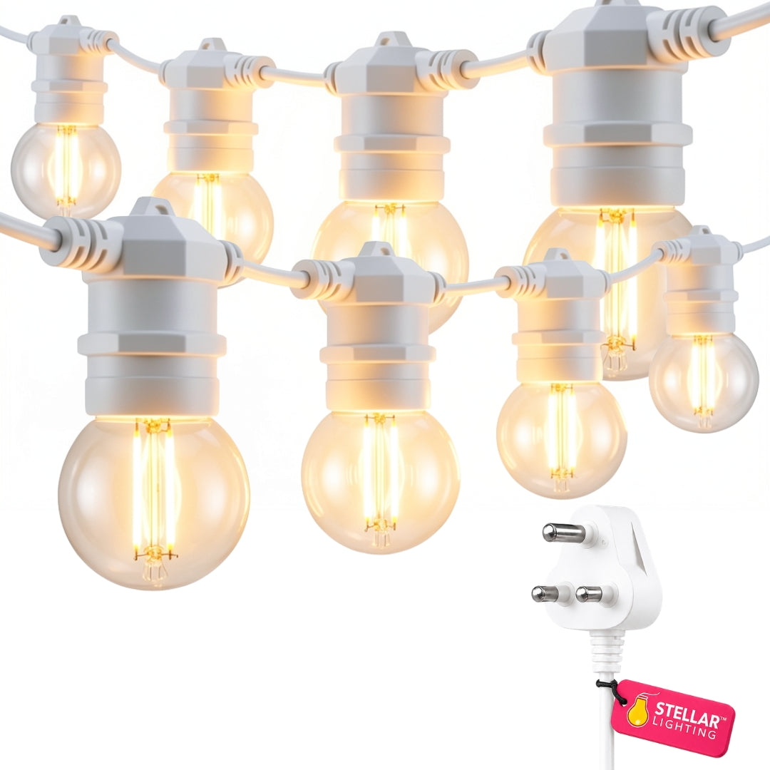 Retro White Festoon String Lights flat lay showing warm white G45 retro globe bulbs on white cable with South African plug on a light background