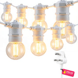 Retro White Festoon String Lights flat lay showing warm white G45 retro globe bulbs on white cable with South African plug on a light background