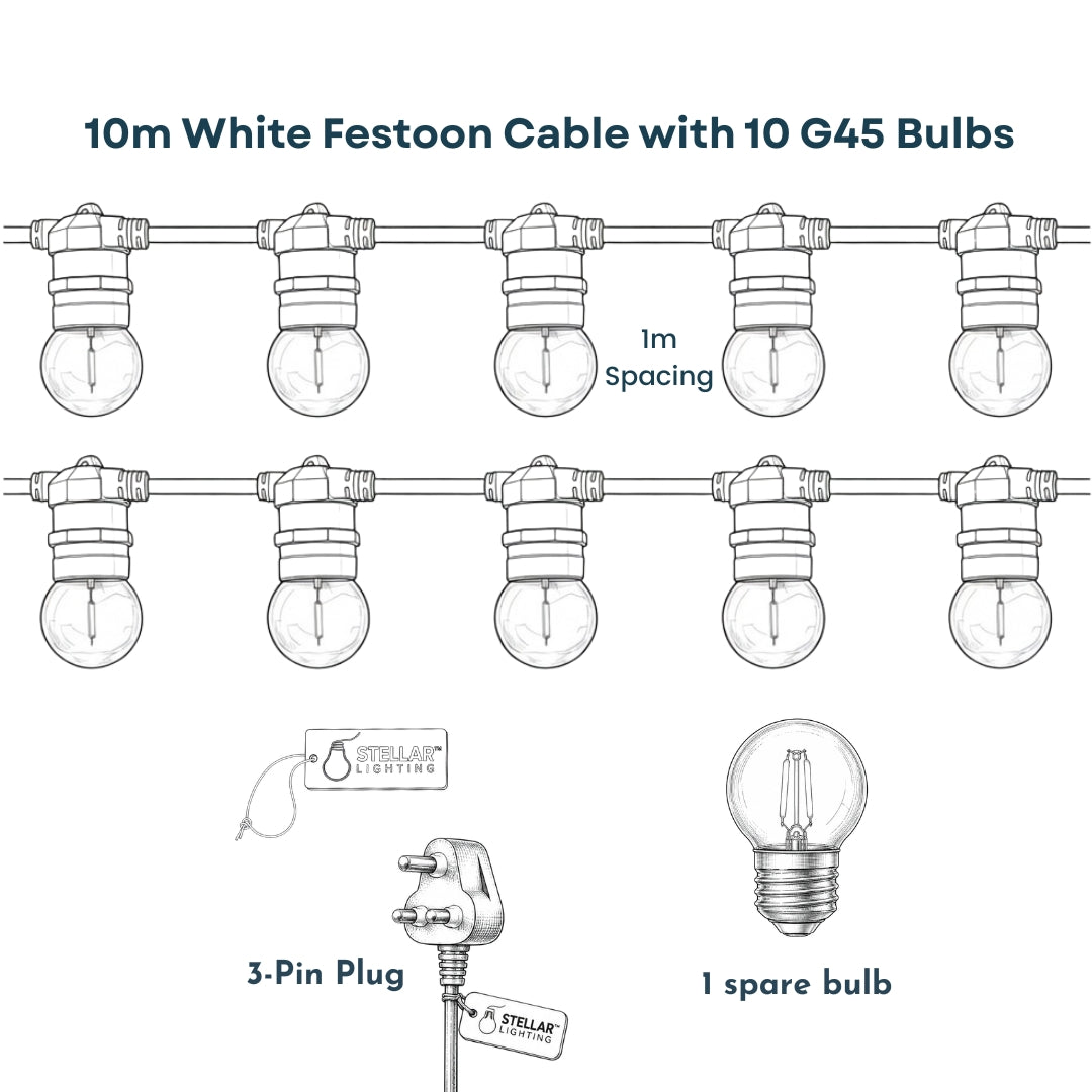 Technical line drawing of Retro White Festoon String Lights showing white cable with G45 bulbs at 90cm spacing, South African plug, and connectable up to 520m callout