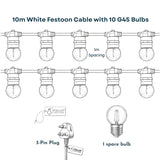 Technical line drawing of Retro White Festoon String Lights showing white cable with G45 bulbs at 90cm spacing, South African plug, and connectable up to 520m callout