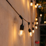 S14 vintage LED festoon bulbs strung along an outdoor wall glowing warm amber at dusk