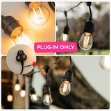 Collage of S14 LED festoon bulbs glowing on outdoor string lights with close-up of South African plug and plug-in only callout