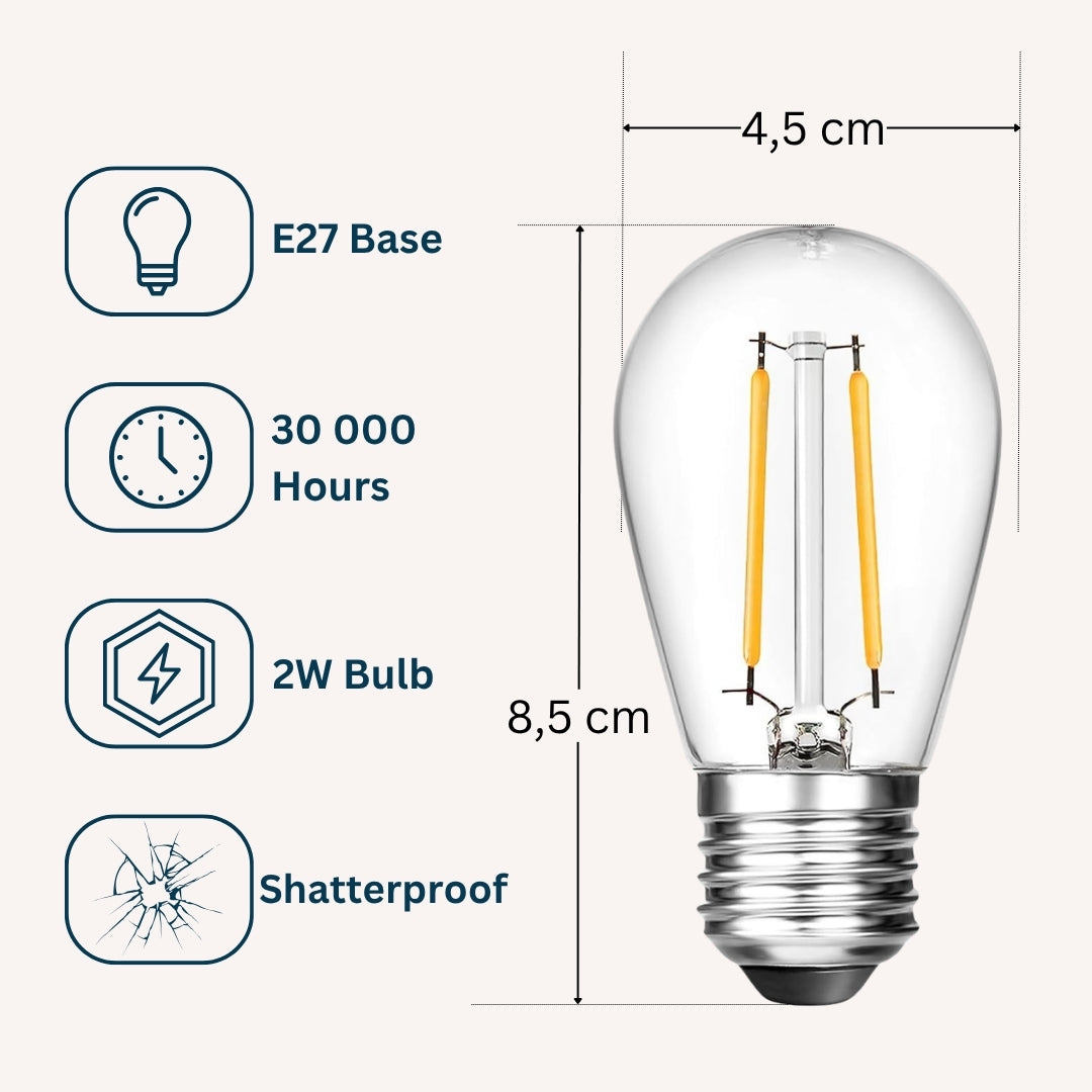 Spec graphic for S14 LED festoon bulb showing E27 base, 30000 hour lifespan, 2W wattage, shatterproof, and dimensions of 4.5cm width by 8.5cm height
