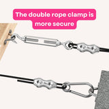 Two silver metal cable clamps attached to black ropes, shown on a light beige background with a pink text bubble reading 'The double rope clamp is more secure.'.