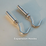 Two metallic expansion hooks with threaded rods and nuts, shown on a light gray background with the text 'Expansion Hooks' at the bottom.