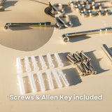 Metal wall anchors and screws arranged on a beige surface, with a circular inset showing a metal Allen key. White text at the bottom reads 'Screws & Allen Key included'.