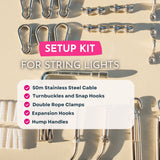 A product listing graphic for a string light setup kit, showing stainless steel carabiners, clips, rope clamps, and hooks arranged on a beige background with text reading 'SETUP KIT FOR STRING LIGHTS' and a checklist of included items.
