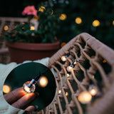 Fairy lights on a wicker chair with a close-up of a light bulb held by a hand.