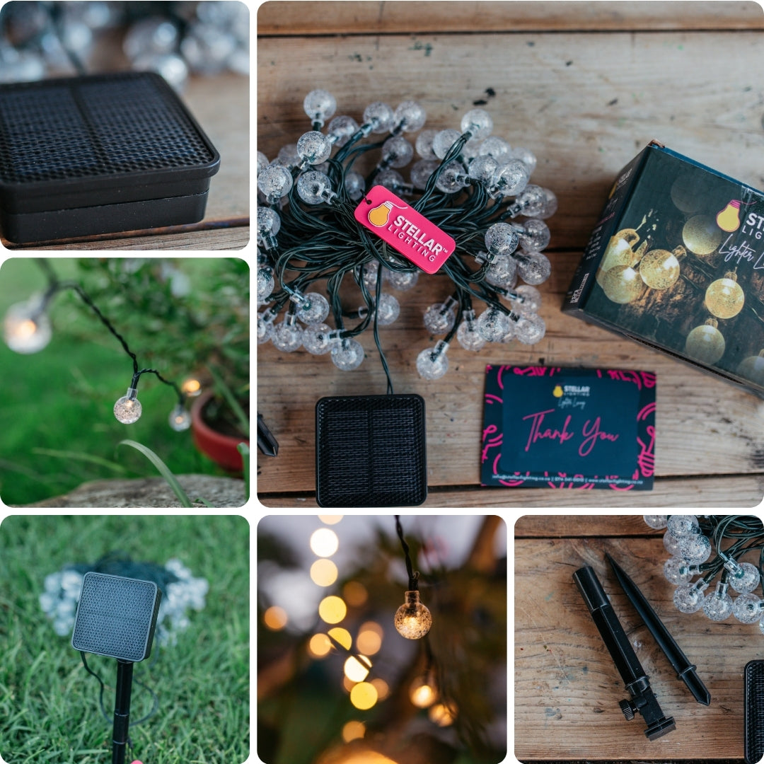 Collage of solar fairy lights with packaging and accessories on a wooden surface.