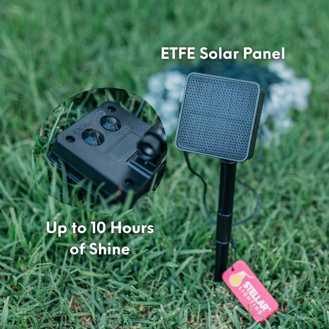 ETFE Solar panel on grass with text indicating up to 10 hours of shine