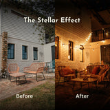 Split image showing the same South African courtyard patio in daylight without lights and at dusk transformed with Solar Classic String Lights creating a warm golden glow