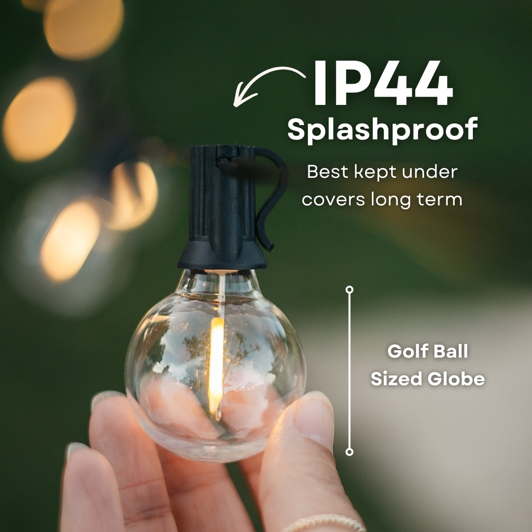 Solar Classic String Lights G40 globe bulb on black cable with IP44 splashproof callout for covered outdoor use under pergolas afdaks and lapas