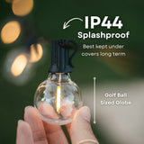 Solar Classic String Lights G40 globe bulb on black cable with IP44 splashproof callout for covered outdoor use under pergolas afdaks and lapas