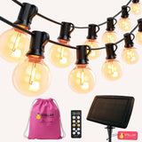 Solar Classic String Lights flat lay showing 25 G40 globe bulbs on black cable with ETFE solar panel, RF remote control, and pink Stellar travel bag on a light background