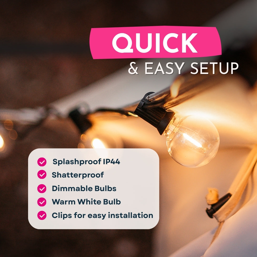 Feature graphic for Solar Classic String Lights listing quick and easy setup, 4400mAh solar battery, USB-C backup charging, remote control, IP44 splash resistant, and 16 hour run time