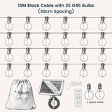 Technical line drawing of Solar Classic String Lights showing 10m black cable with 25 G40 bulbs at 30cm spacing, ETFE solar panel, RF remote control, USB-C charging port, and pink Stellar travel bag