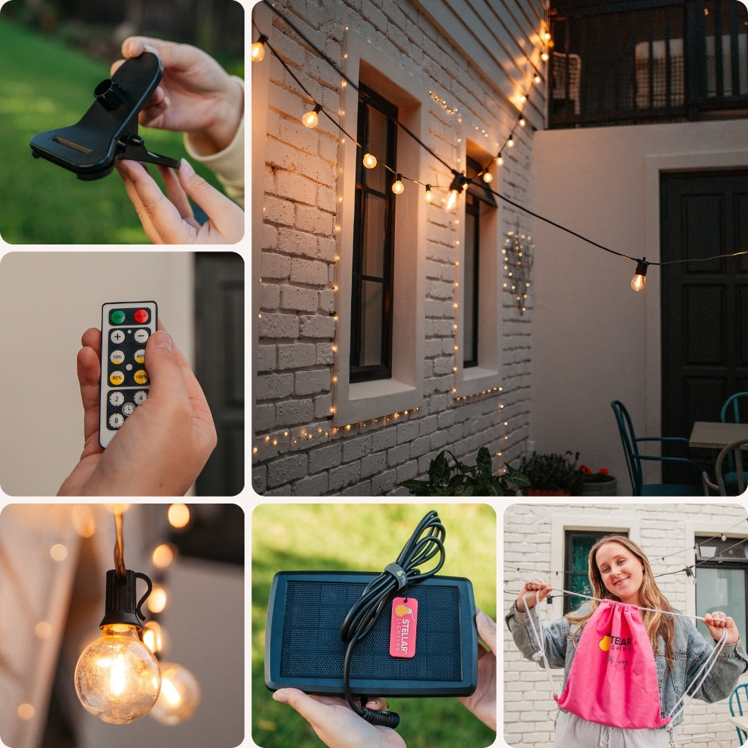 What's in the box collage for Solar Classic String Lights showing black cable with 25 warm white G40 globe bulbs, ETFE solar panel, RF remote control, USB-C charging cable, and pink Stellar travel bag