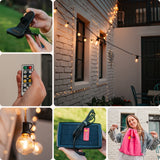 What's in the box collage for Solar Classic String Lights showing black cable with 25 warm white G40 globe bulbs, ETFE solar panel, RF remote control, USB-C charging cable, and pink Stellar travel bag