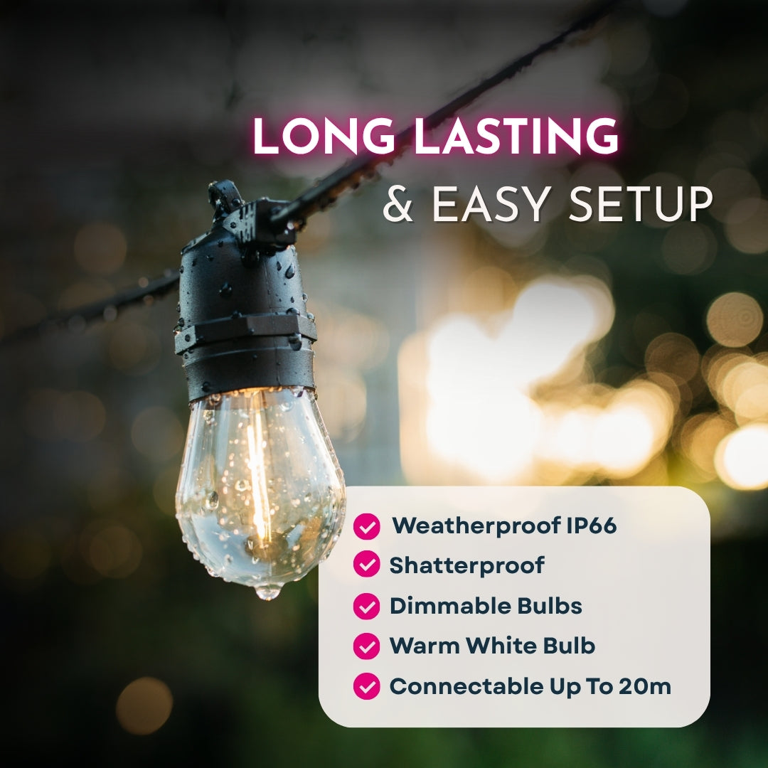 Feature graphic for Solar Festoon String Lights listing IP66 weatherproof, ETFE solar panel, 4400mAh battery, remote control, USB-C backup charging, and 2-year warranty with long lasting and easy setup callout