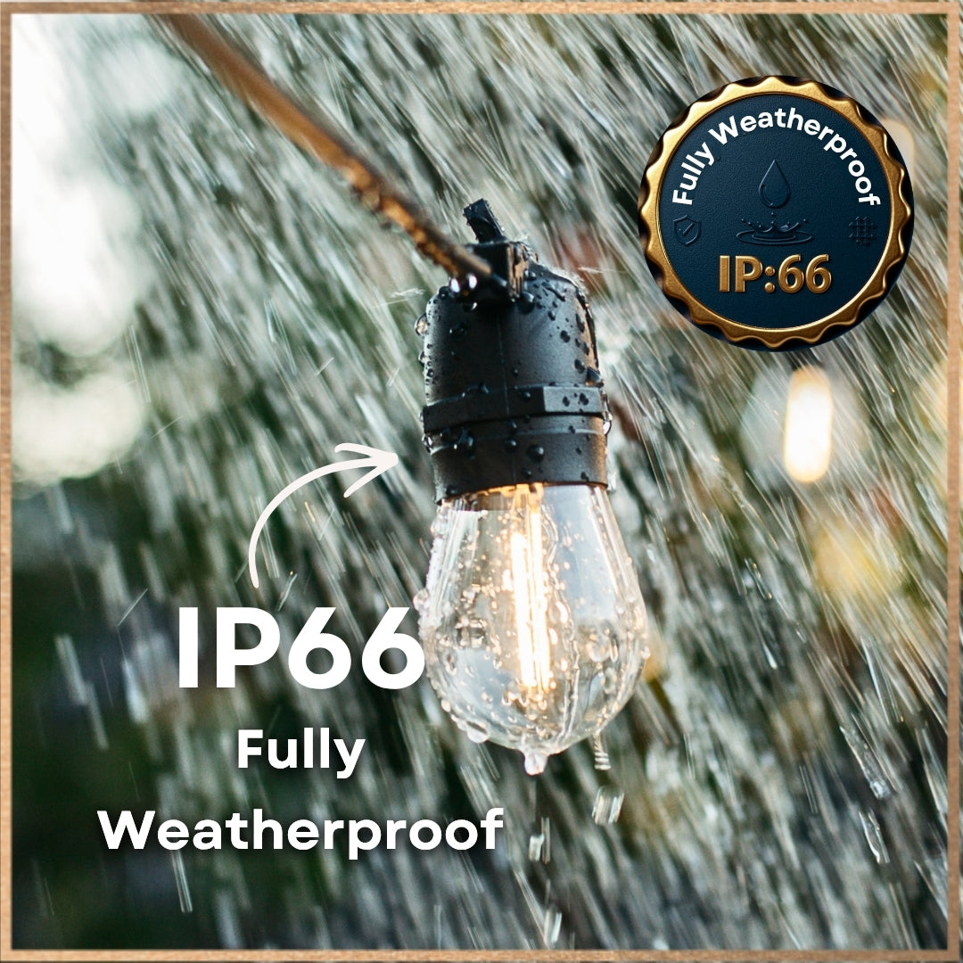 Solar Festoon String Lights S14 vintage LED bulb glowing warm white in heavy rain with IP66 fully weatherproof badge and callout