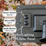 Close-up of ETFE solar panel base showing on/off switch, USB-C charging port, and mode button with labelled callouts for Solar Festoon String Lights