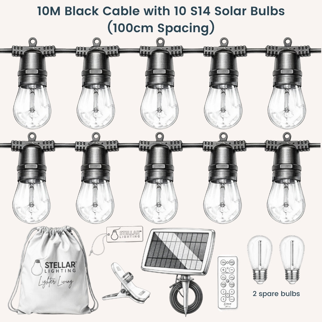 Technical line drawing of Solar Festoon String Lights showing 10m black cable with 10 S14 vintage LED bulbs at 1m spacing, ETFE solar panel, remote control, USB-C charging port, and 2 spare bulbs