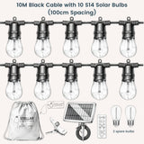 Technical line drawing of Solar Festoon String Lights showing 10m black cable with 10 S14 vintage LED bulbs at 1m spacing, ETFE solar panel, remote control, USB-C charging port, and 2 spare bulbs