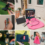 What's in the box collage for Solar Festoon String Lights showing black cable with S14 vintage LED bulbs, ETFE solar panel, remote control, pink Stellar travel bag, and spare bulbs