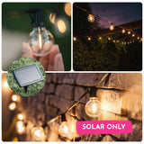 Collage of solar G40 globe LED replacement bulbs showing hand holding a lit bulb, string lights beneath an outdoor venue canopy, and bulbs strung along a stone wall with solar only callout