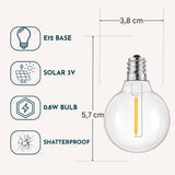 Spec graphic for solar G40 globe LED replacement bulb showing E12 base, 30000 hour lifespan, 0.8W wattage, shatterproof build, and dimensions of 3.8cm width by 5.7cm height